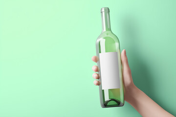 Mockup wine bottle in hand with blank label, clear glass bottle, mint green background, hand holding