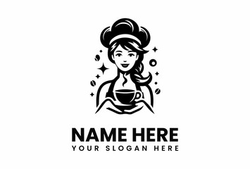Smiling Barista Holding Coffee Cup with Decorative Elements Logo Design.