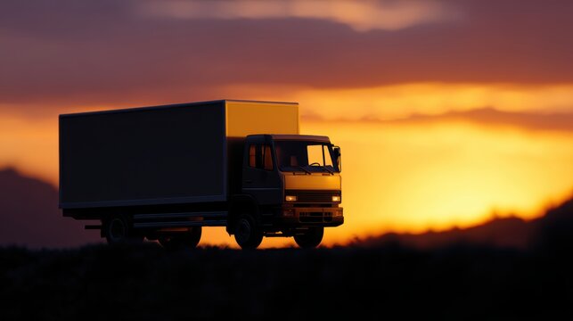 Conceptual image of a delivery truck silhouette against a sunset sky, fast and reliable service. Logistics, transport.