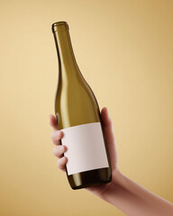 Mockup wine bottle in hand with blank label, light green glass bottle, golden background, hand holding