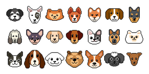 Different type of pixel art dog faces vector in retro style