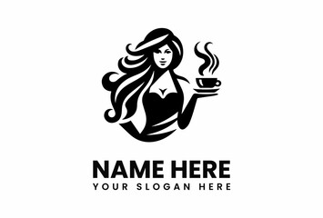 Stylized woman with flowing hair holding a steaming cup of coffee.