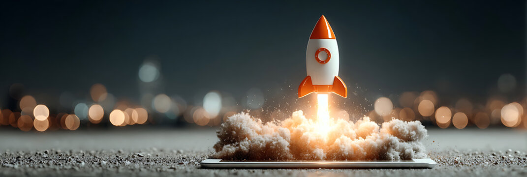 Small toy rocket launching from a smartphone with smoke and lighting