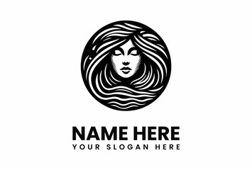Stylized Womans Face with Flowing Hair in Circular Frame Black and White Logo.