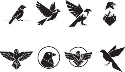 Vector art of collection of bird silhouettes in various poses, isolated on white background