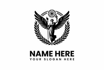Winged Goddess Emblem with Torch and Laurel Wreath.