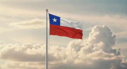 Chile National Flag Waving on Tall Flagpole in Sky with Clouds &ndash; Chile Independence Day Celebration, Patriotism, Freedom, Chile Culture & Heritage