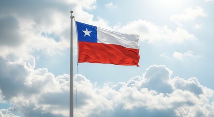 Chile National Flag Waving on Tall Flagpole in Sky with Clouds – Chile Independence Day Celebration, Patriotism, Freedom, Chile Culture & Heritage