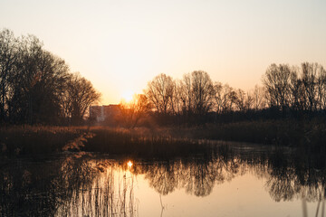 Sunset over the lake. Dolina Slużewiecka, Warsaw, Poland