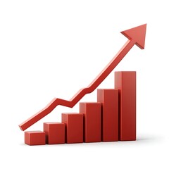 Red bar chart with upward trending arrow showing financial growth and success isolated on white background