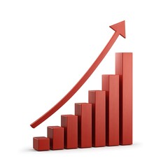 Red bar chart with upward trending arrow showing growth and success isolated on white background