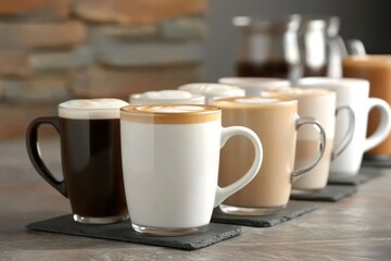 Variety of Stylish Coffee Cups with Different Creamy Brews on Wooden Background