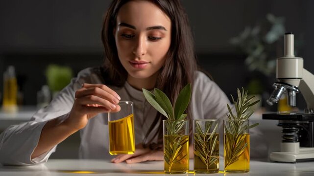 Woman Scientist Conducting Plant-Based Research with Essential Oils in Laboratory, natural science, biotechnology, and sustainable innovation. Ideal for use in content related to botanical research, o