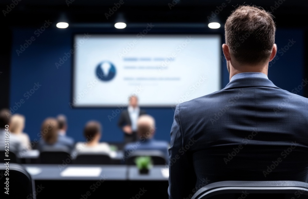Poster business presentation focus on audience member in conference room setting with screen display in bac
