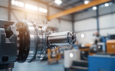 Fototapeta premium Precision Metal Processing Tool in Modern Manufacturing Environment with Blurred Machinery Background