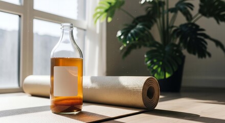 A glass bottle of kombucha with a blank label, sitting on a yoga mat next to a window in a bright, airy studio, evoking a feeling of wellness.