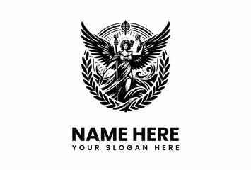 Obraz premium Winged Goddess with Torch and Laurel Wreath Emblem Design for Branding.