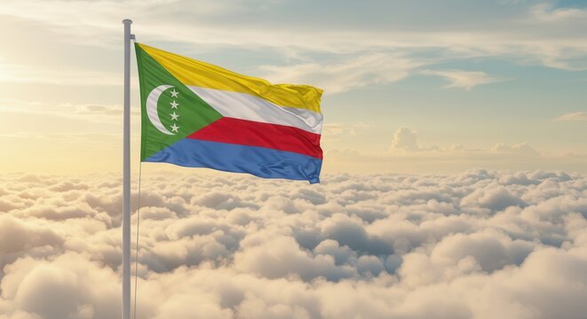 Comoros National Flag Waving on Tall Flagpole in Sky with Clouds – Comoros Independence Day Celebration, Patriotism, Freedom, Comoros Culture & Heritage