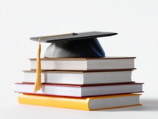 A stack of books with a graduation cap on top, symbolizing academic achievement and knowledge. Education, success.