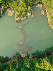 Blue lake from a drone. Jeziora przy starej Cegielni w Konstancin Jeziorna pod Warszawą z drona. Poland