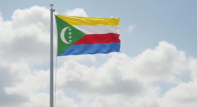Comoros National Flag Waving on Tall Flagpole in Sky with Clouds – Comoros Independence Day Celebration, Patriotism, Freedom, Comoros Culture & Heritage