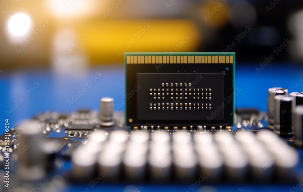 Poster close-up view of electronic circuit board with memory chip and electronic components on blue backgro