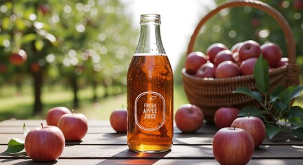 A rustic bottle of fresh-pressed apple juice on a table in an orchard, with a basket of apples in the background.