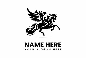 Winged Woman Riding a Majestic Leaping Horse Stylized Black Ink Design.