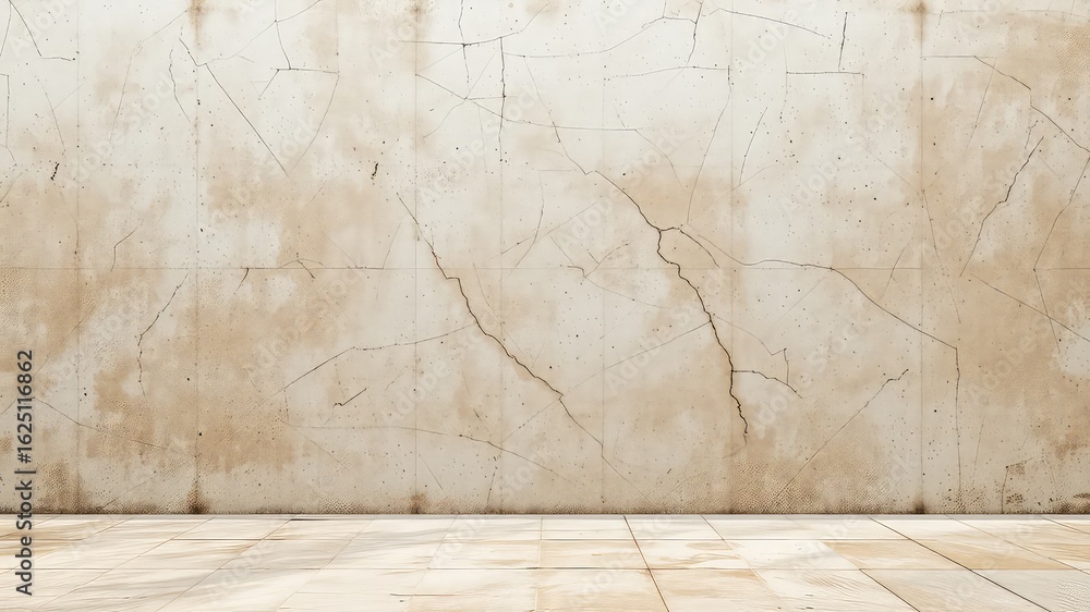 Poster cracked stucco wall and tile floor create a simple yet textured backdrop for design projects or inte
