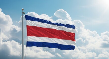 Costa Rica National Flag Waving on Tall Flagpole in Sky with Clouds – Costa Rica Independence Day Celebration, Patriotism, Freedom, Costa Rica Culture & Heritage