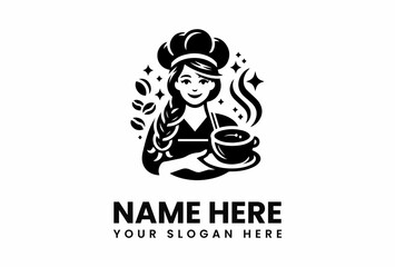 Cheerful Female Chef Serving Aromatic Coffee in Monochrome Style.