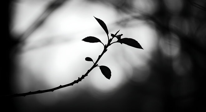 Silhouette of a Branch with Leaves in Black and White.