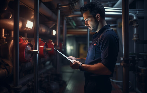 A technician stands in an industrial facility, deeply focused on a tablet device while surrounded by machinery and control panels. The setting has dim lighting, with the glow from the devices - Powered by Adobe