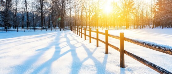 Beautiful Winter Dawn in Snowy Landscape with Sunlight and Shadows