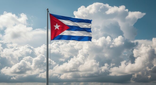Cuba National Flag Waving on Tall Flagpole in Sky with Clouds – Cuba Independence Day Celebration, Patriotism, Freedom, Cuba Culture & Heritage
