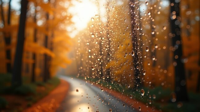 Autumn mood photo of rainy window with forest in soft focus, high-resolution texture
