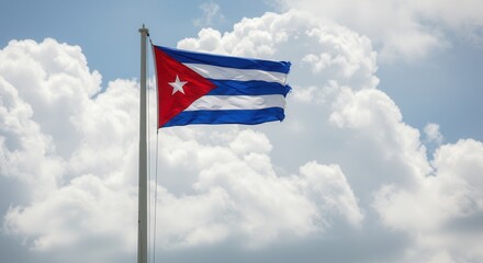 Cuba National Flag Waving on Tall Flagpole in Sky with Clouds – Cuba Independence Day Celebration, Patriotism, Freedom, Cuba Culture & Heritage