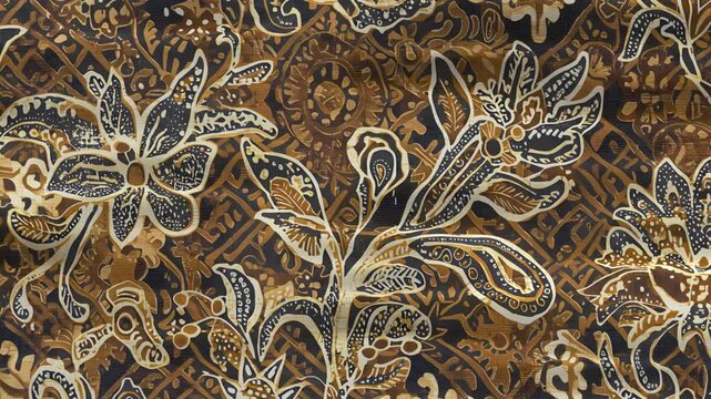 Intricate batik textile design featuring floral patterns in dark brown, gold, and black.