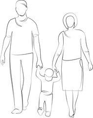 One continuous line drawing on white isolated background. Minimalism linear illustration. child, father, mother, person, family, boy, walking, male, man, hand