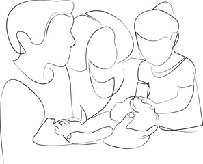One continuous line drawing on white isolated background. Minimalism linear illustration. child, mother, father, newborn, happiness, care, family, man, woman, meeting