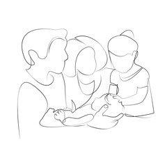 One continuous line drawing on white isolated background. Minimalism linear illustration. child, mother, father, newborn, happiness, care, family, man, woman, meeting