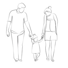 One continuous line drawing on white isolated background. Minimalism linear illustration. child, father, mother, daughter, person, family, woman, girl, man, walking, happiness, love