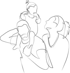 One continuous line drawing on white isolated background. Minimalism linear illustration. mother, father, child, person, family, girl, fun, man, woman, daughter