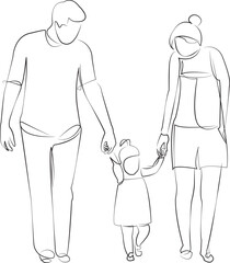 One continuous line drawing on white isolated background. Minimalism linear illustration. child, father, mother, daughter, person, family, woman, girl, man, walking, happiness, love