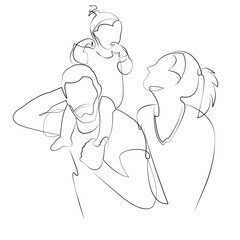 One continuous line drawing on white isolated background. Minimalism linear illustration. mother, father, child, person, family, girl, fun, man, woman, daughter