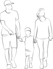 One continuous line drawing on white isolated background. Minimalism linear illustration. child, father, mother, person, family, boy, son, walking, man, woman