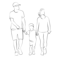 One continuous line drawing on white isolated background. Minimalism linear illustration. child, father, mother, person, family, boy, son, walking, man, woman