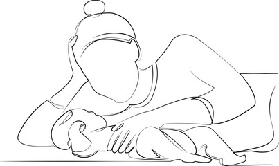 One continuous line drawing on white isolated background. Minimalism linear illustration. mother, newborn, family, children, care, childhood, cute, bonding, lying on back