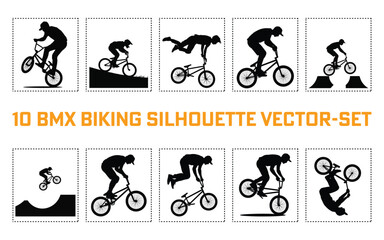 
A Black and White BMX Biking Silhouette Vector silhouette Set
