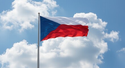 Czech Republic National Flag Waving on Tall Flagpole in Sky with Clouds – Czechia Independence Day Celebration, Patriotism, Freedom, Czech Republic Culture & Heritage